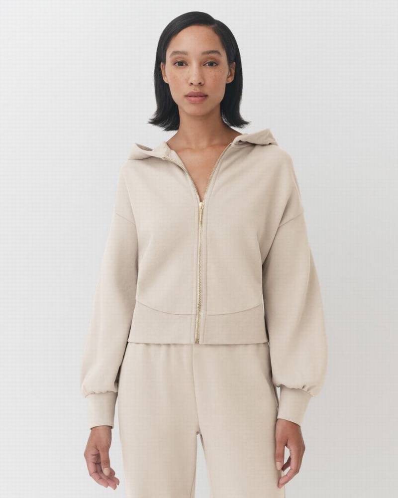 Felpa con Cappuccio Donna Cuyana Terry Zip Front Crema Bianche | PXE9026RU