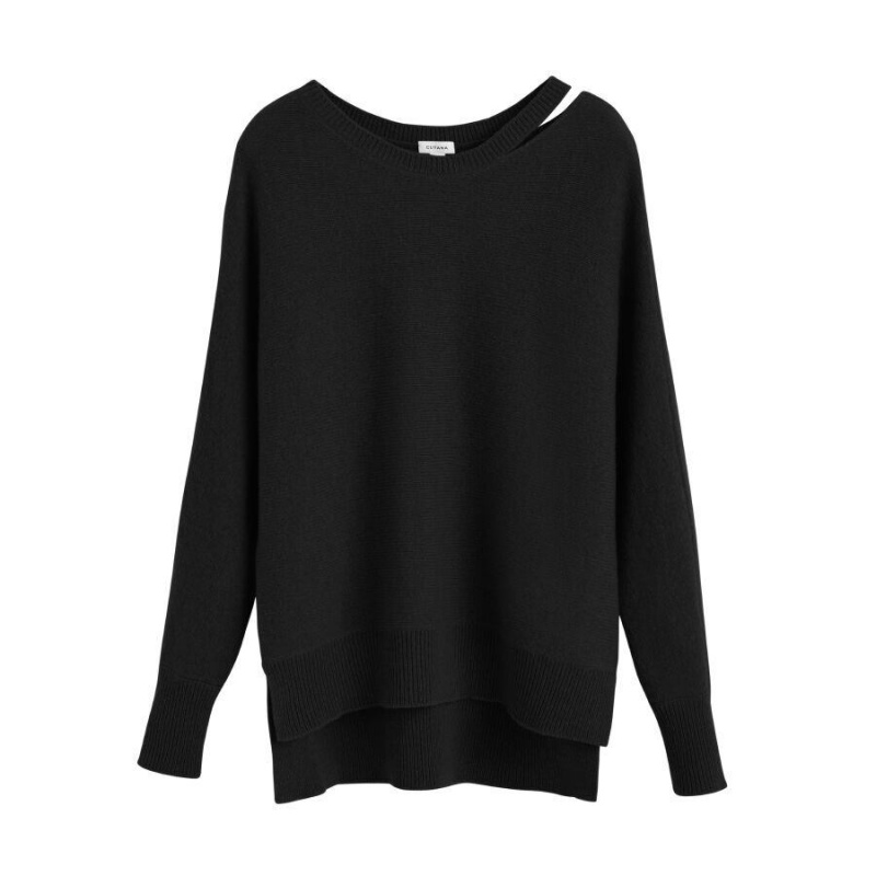 Maglioni Donna Cuyana Recycled Cashmere Split-Neck Nere | QIR3364VK
