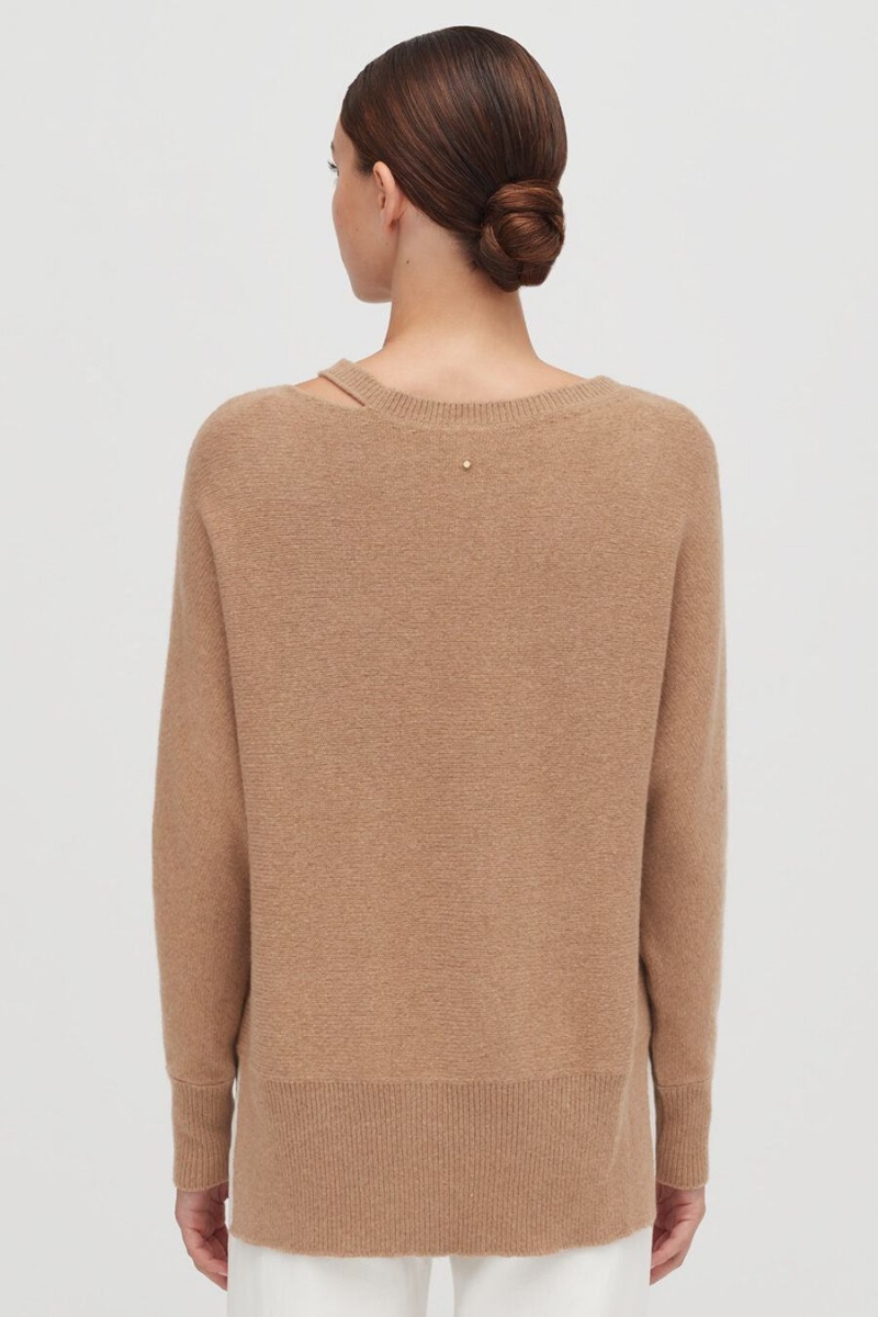 Maglioni Donna Cuyana Recycled Cashmere Split-Neck Marroni | FYG6419OD